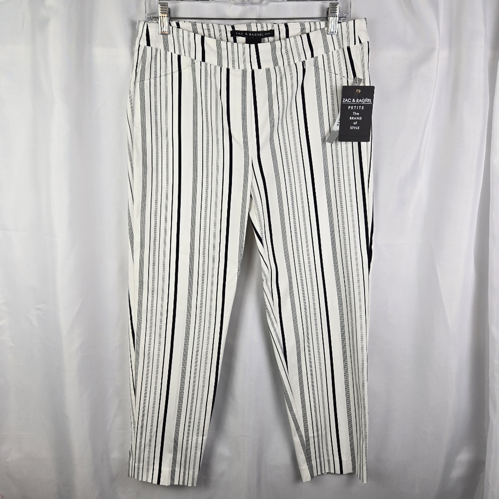 NEW Zac & Rachel Ivory White Navy Striped Pull On Slim Ankle Pants Petite Size 8